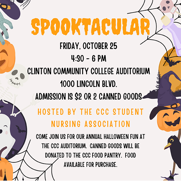 Clinton Community College Spooktacular Flyer, all information is in the text.