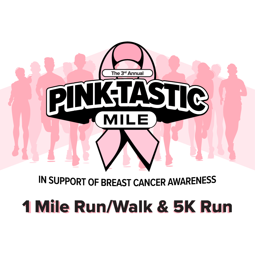 Pink-tastic Mile pink ribbon logo, In support of Breast Cancer Awareness 1 mile run/walk & 5K Run in black text